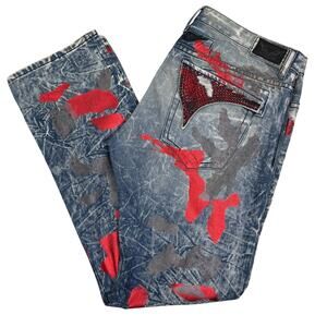 Robin's Jean Slim Long Flap Coated Distressed Crystal Jeans Mens Size 42